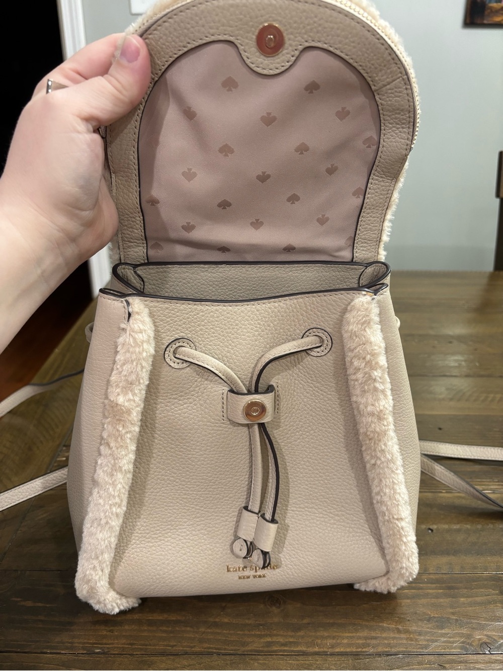Kate Spade Leila Medium Flap Backpack with Faux Shearling Trim - Picture 7 of 12